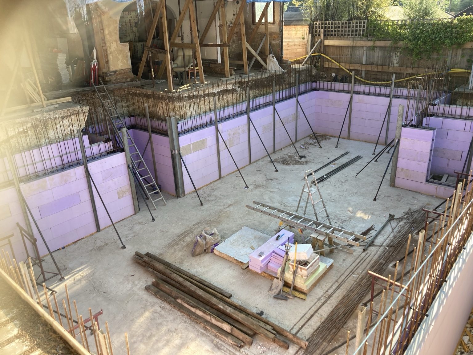 Foundation walls under construction on a residential extension project